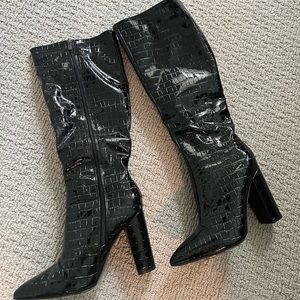 High leather, snake print heeled boots